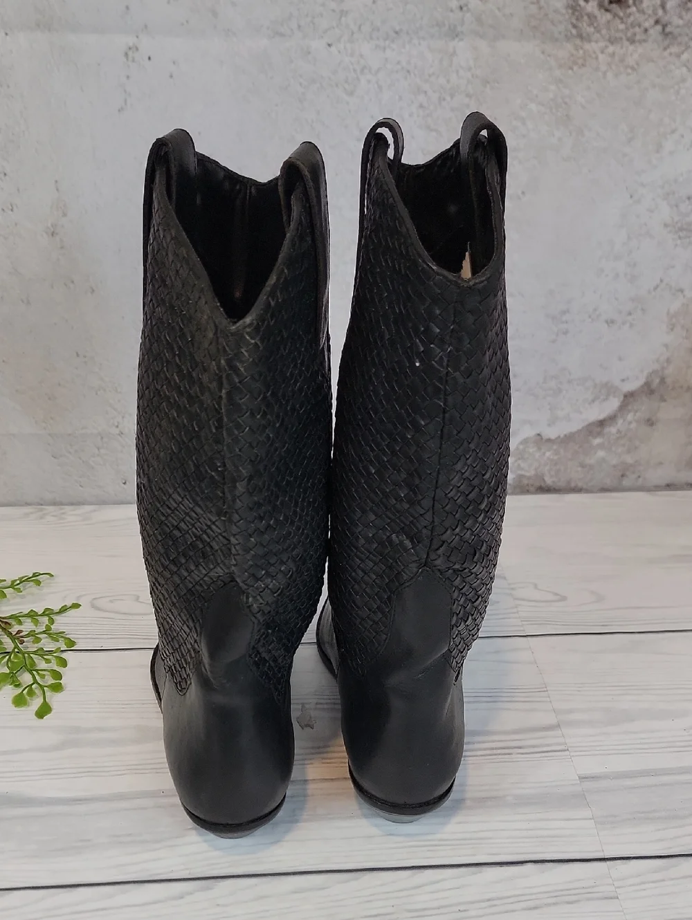 Unbranded Sample Black Woven Leather Mid-Calf Cowboy Boots - Women's Size 7
